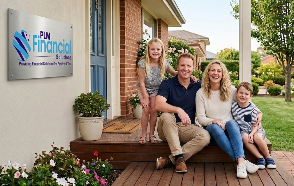 PLM Financial Solutions, family on porch with PLM sign